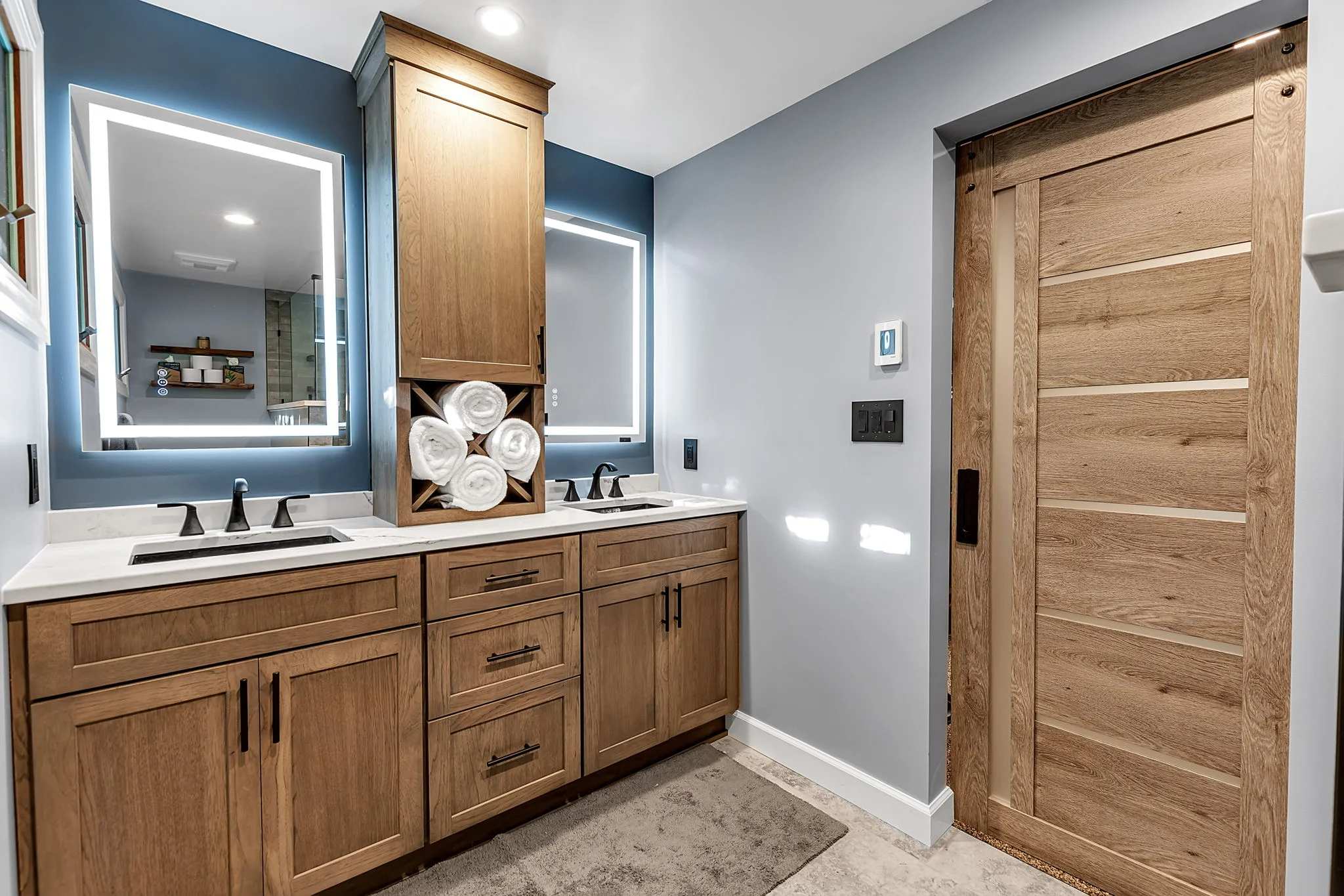 Full Bathroom Renovation with Oak Vanity and Modern Barn Door