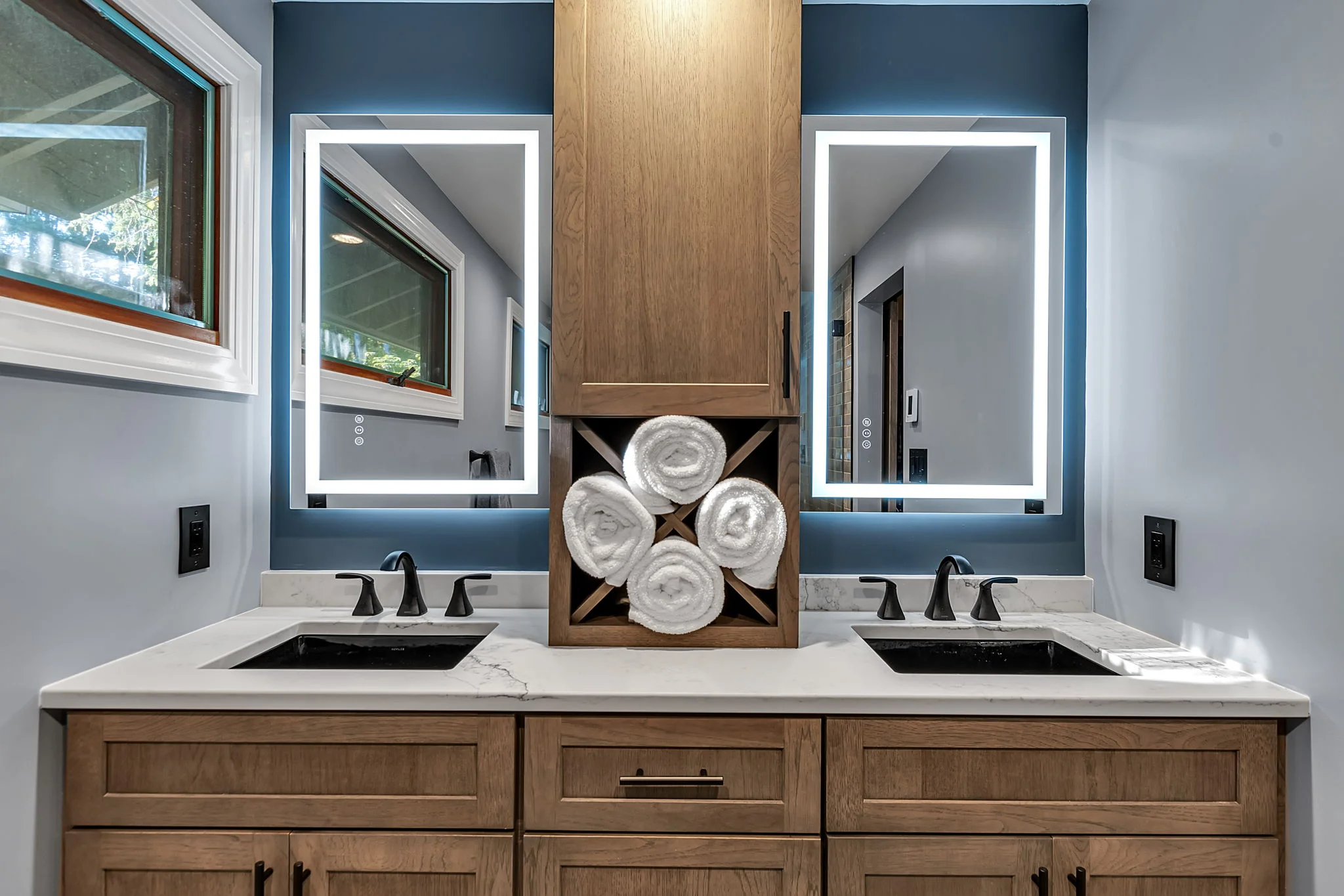 Luxury Bathroom with Oak Vanity and LED Mirrors - Sireika Renovations